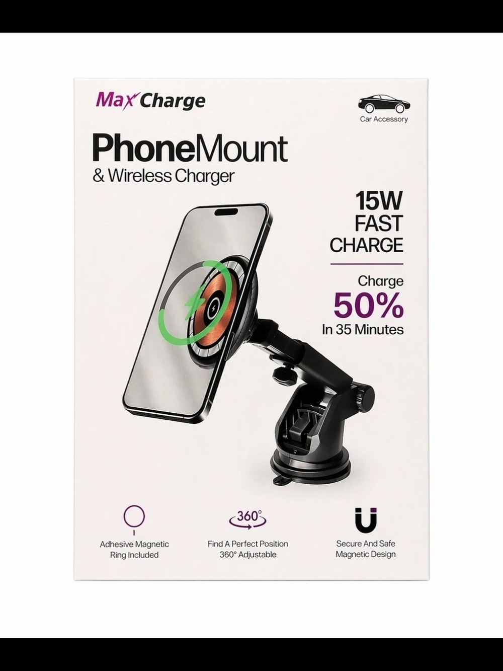 Black Car Phone Mount & 15W Fast Charge Wireless Charger BNIB